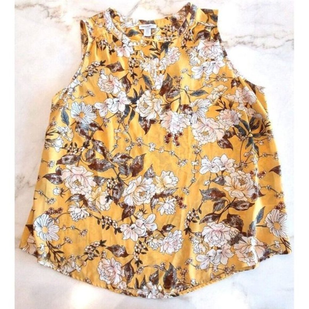 Carolina Belle Montreal Blouse Womens 1X Yellow‎ Floral V-Neck Short Sleeve